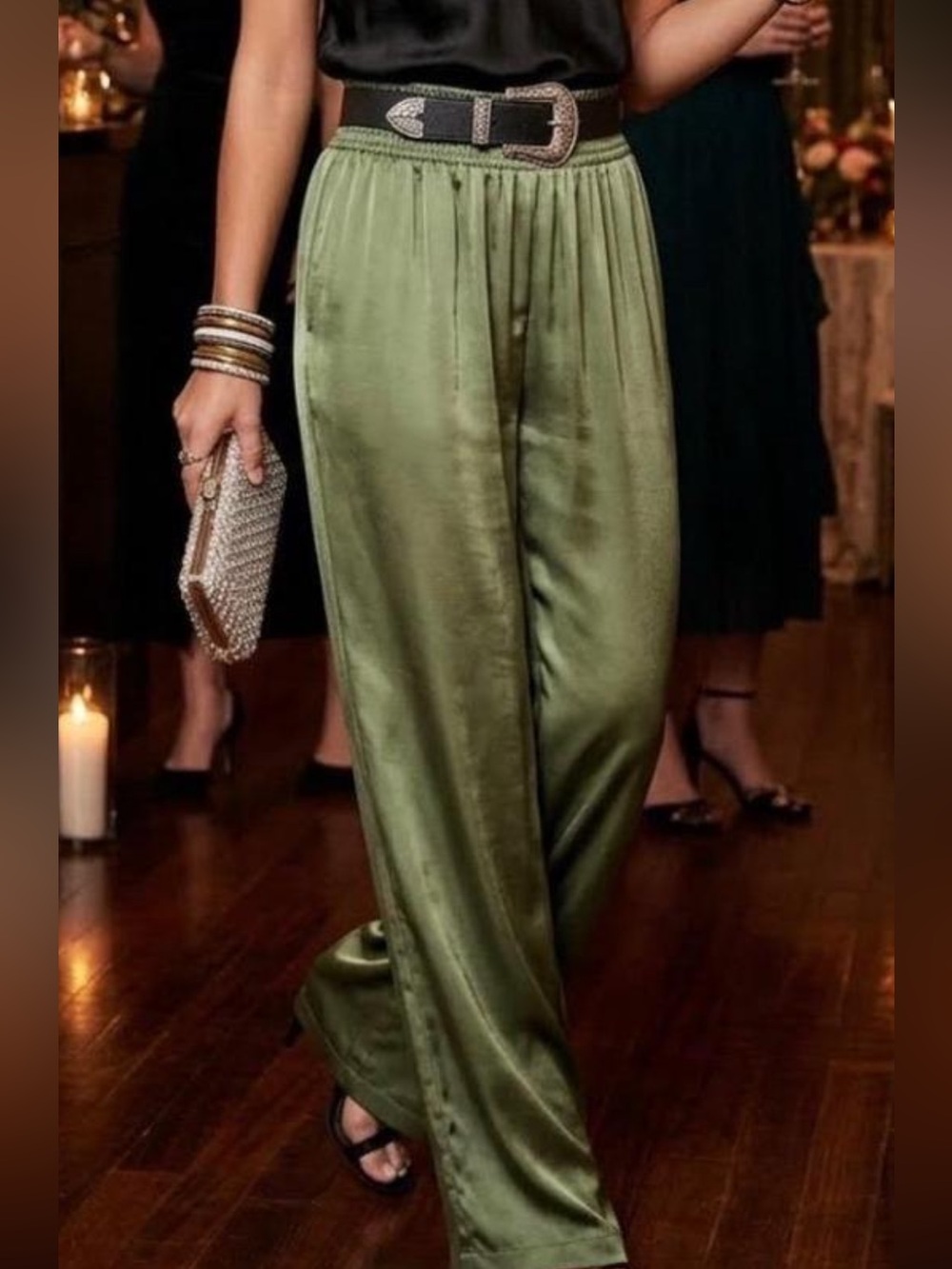 ZARA Silk-Feel Olive Green Wide-Leg Pants